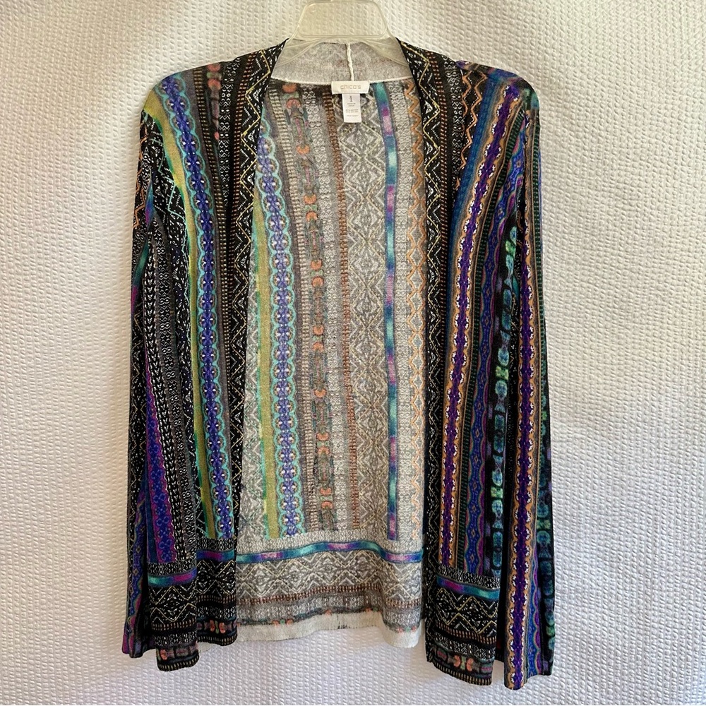 CHICO’S Black Purple Blue Striped Open Front Cardigan Sweater Boho Size 1 Medium